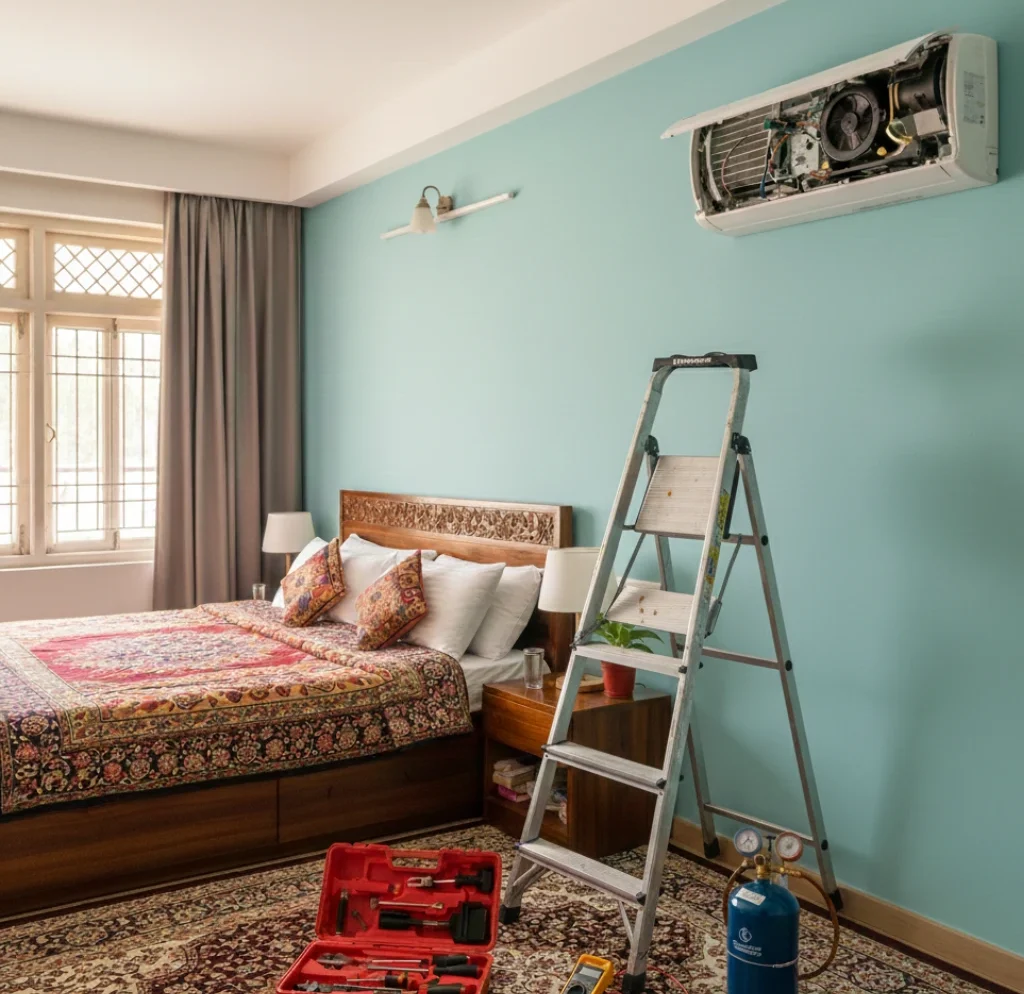 Professional AC repair and service technician from MS Service Center fixing an air conditioner in Hyderabad