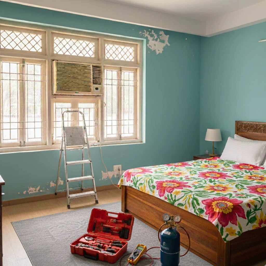 MS Service Center technician repairing window AC unit in Hyderabad