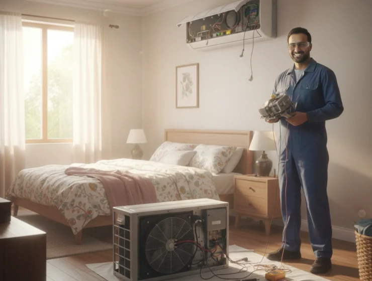 Professional technician repairing split AC at MS Service Center in Hyderabad